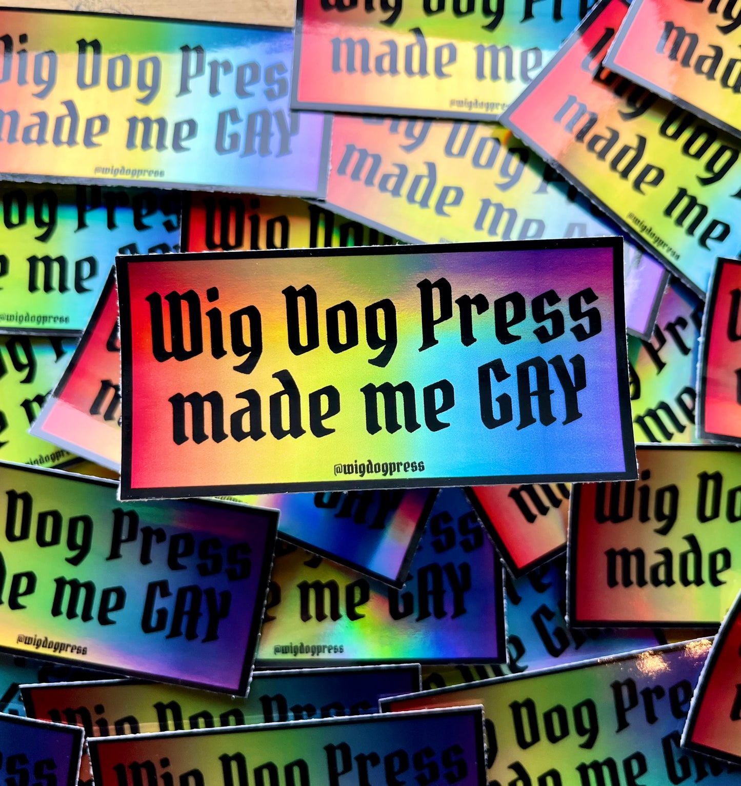 ‘Wig Dog Press Made Me Gay’ Rectangle Sticker