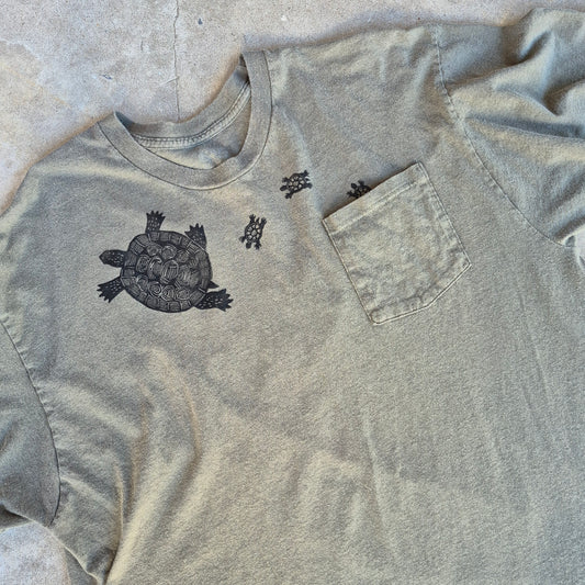 L: Block Printed Turtles Pocket Tee