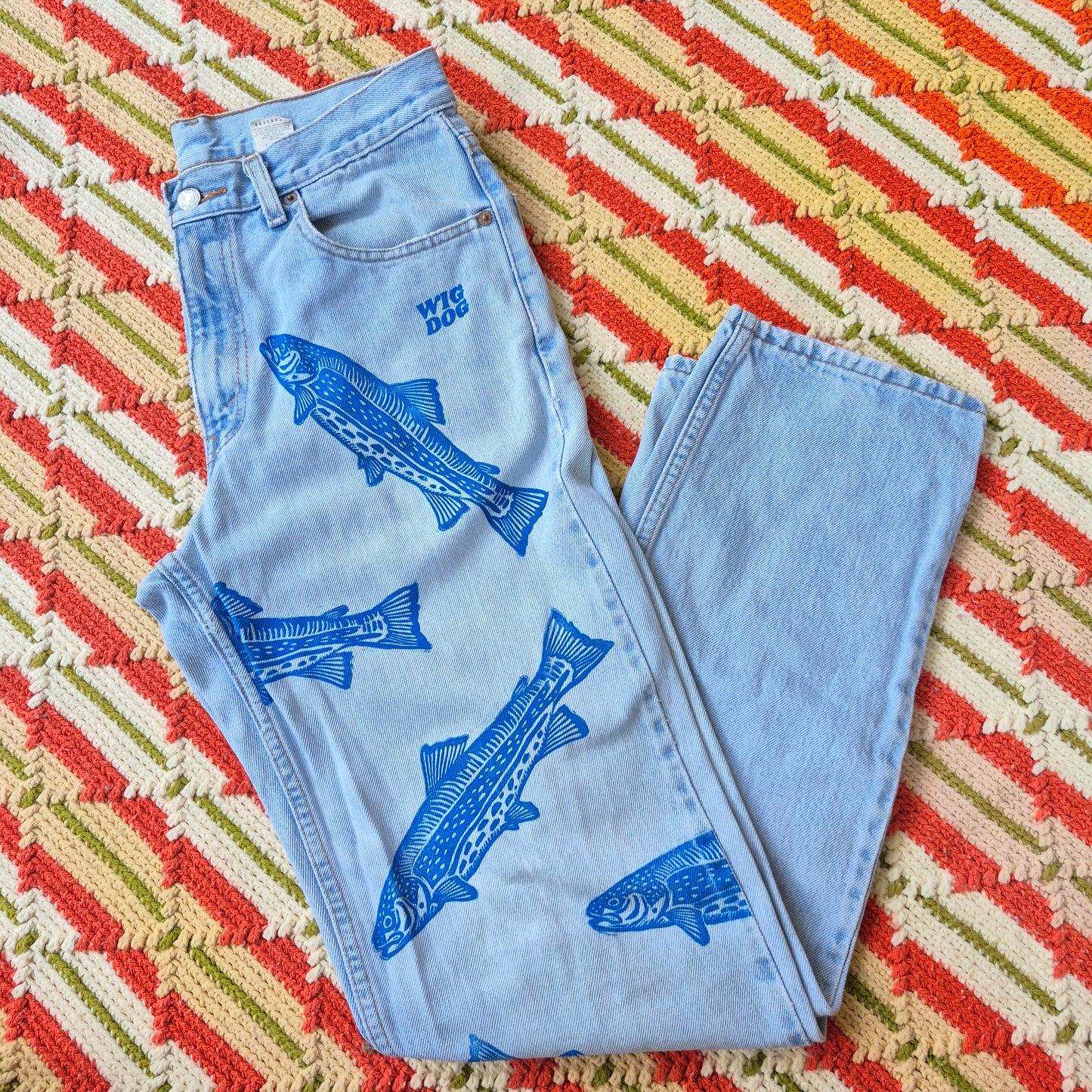 Vintage Levi's 550s with Block Printed Blue Fish