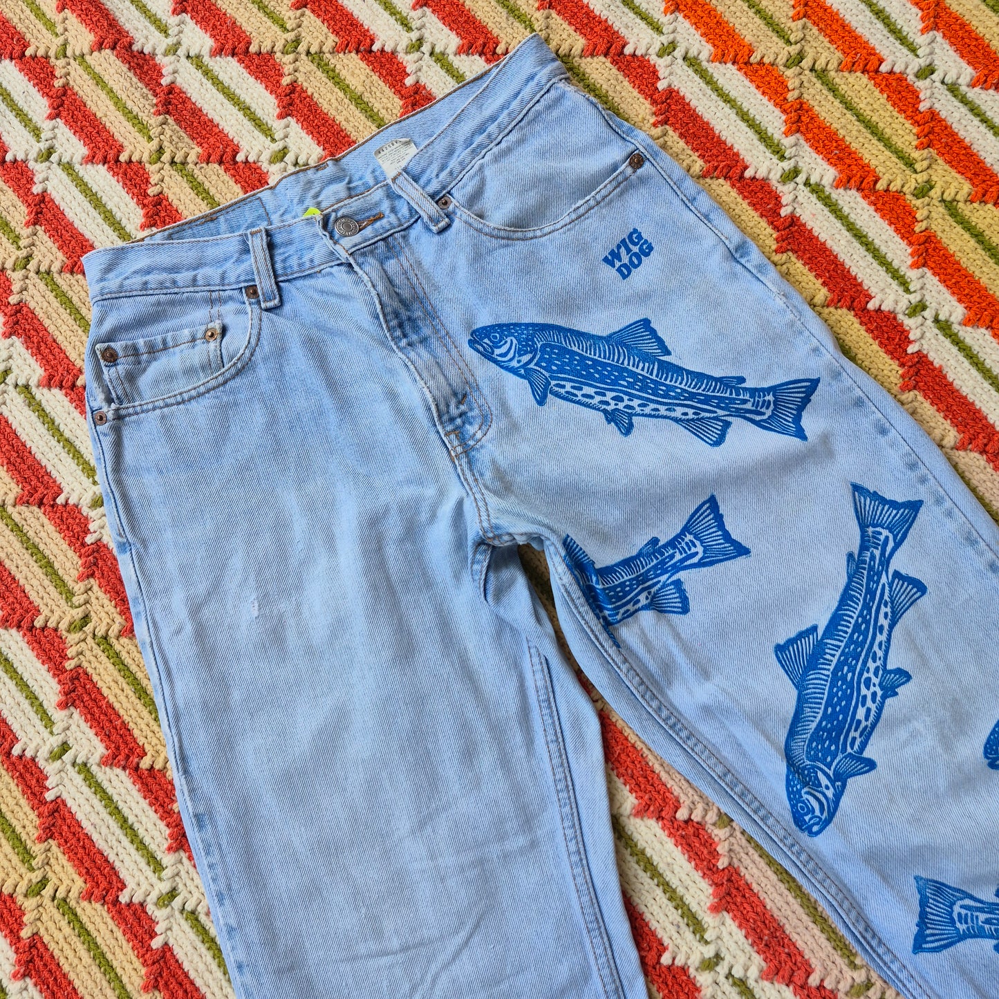 Vintage Levi's 550s with Block Printed Blue Fish