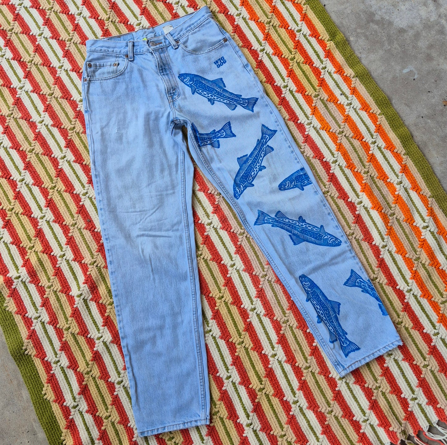 Vintage Levi's 550s with Block Printed Blue Fish