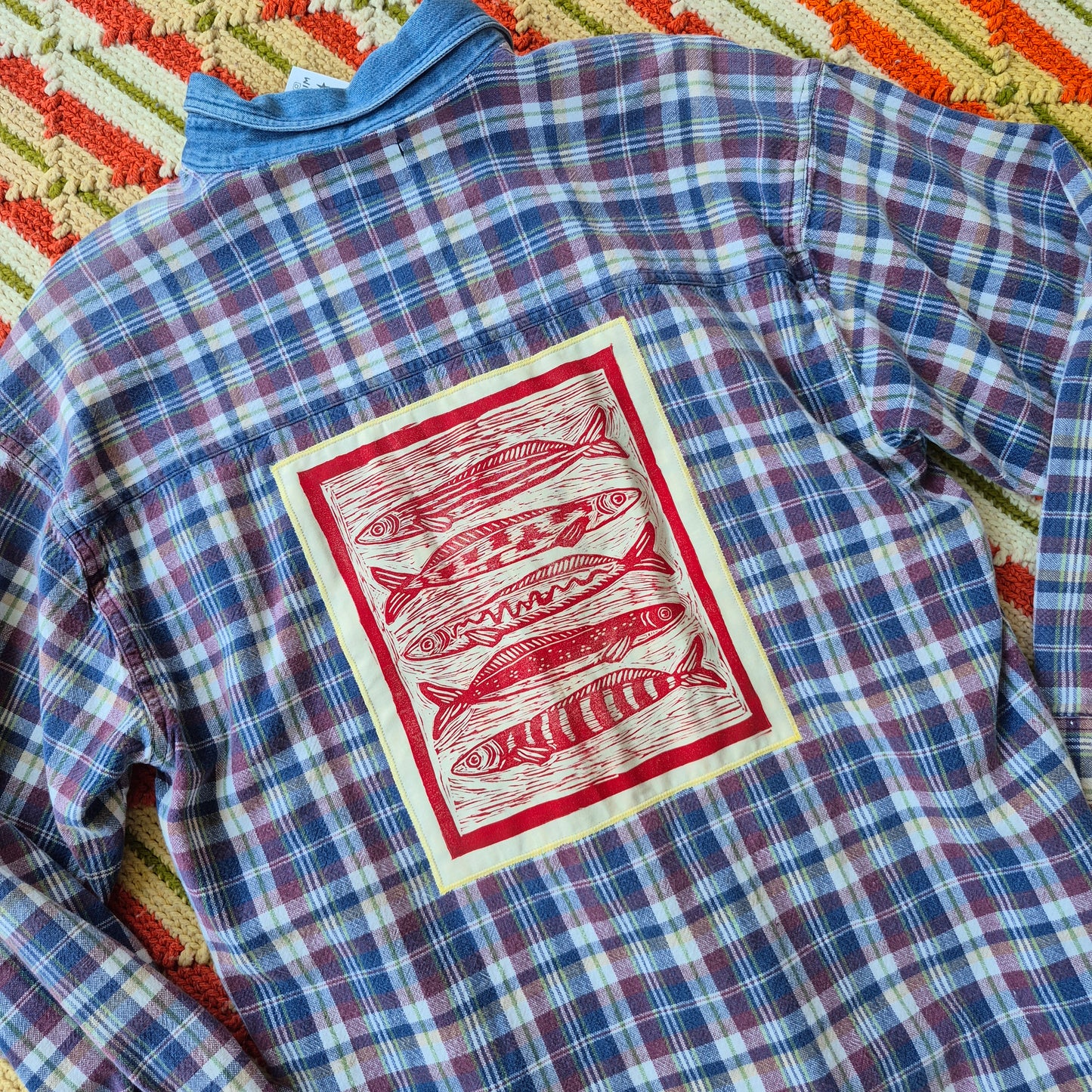 M: Block Printed Fish Flannel